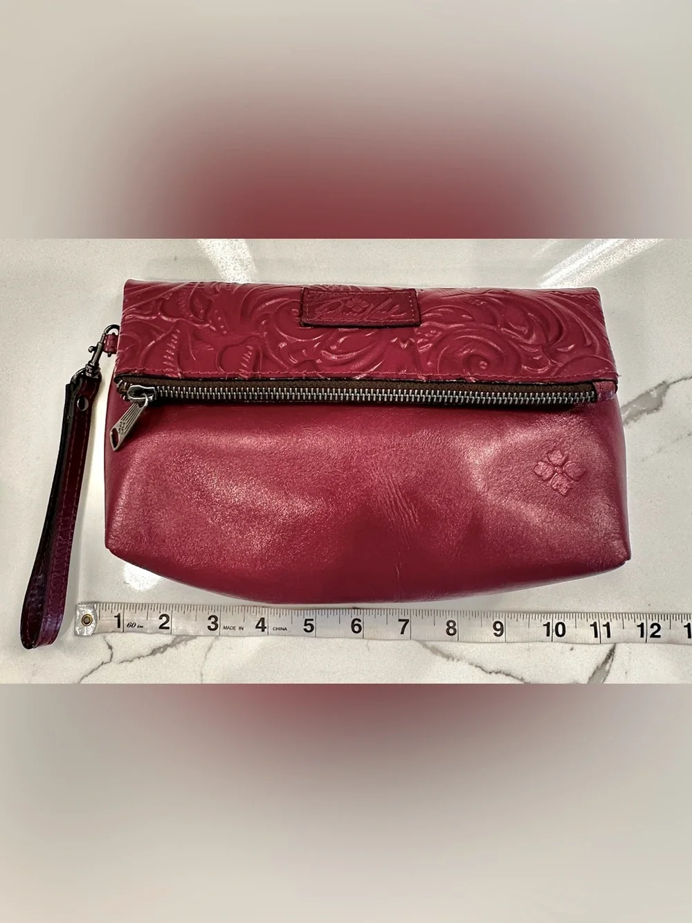 Patricia Nash Tooled Floral Motif Magenta Leather Wristlet/Clutch Purse - EUC